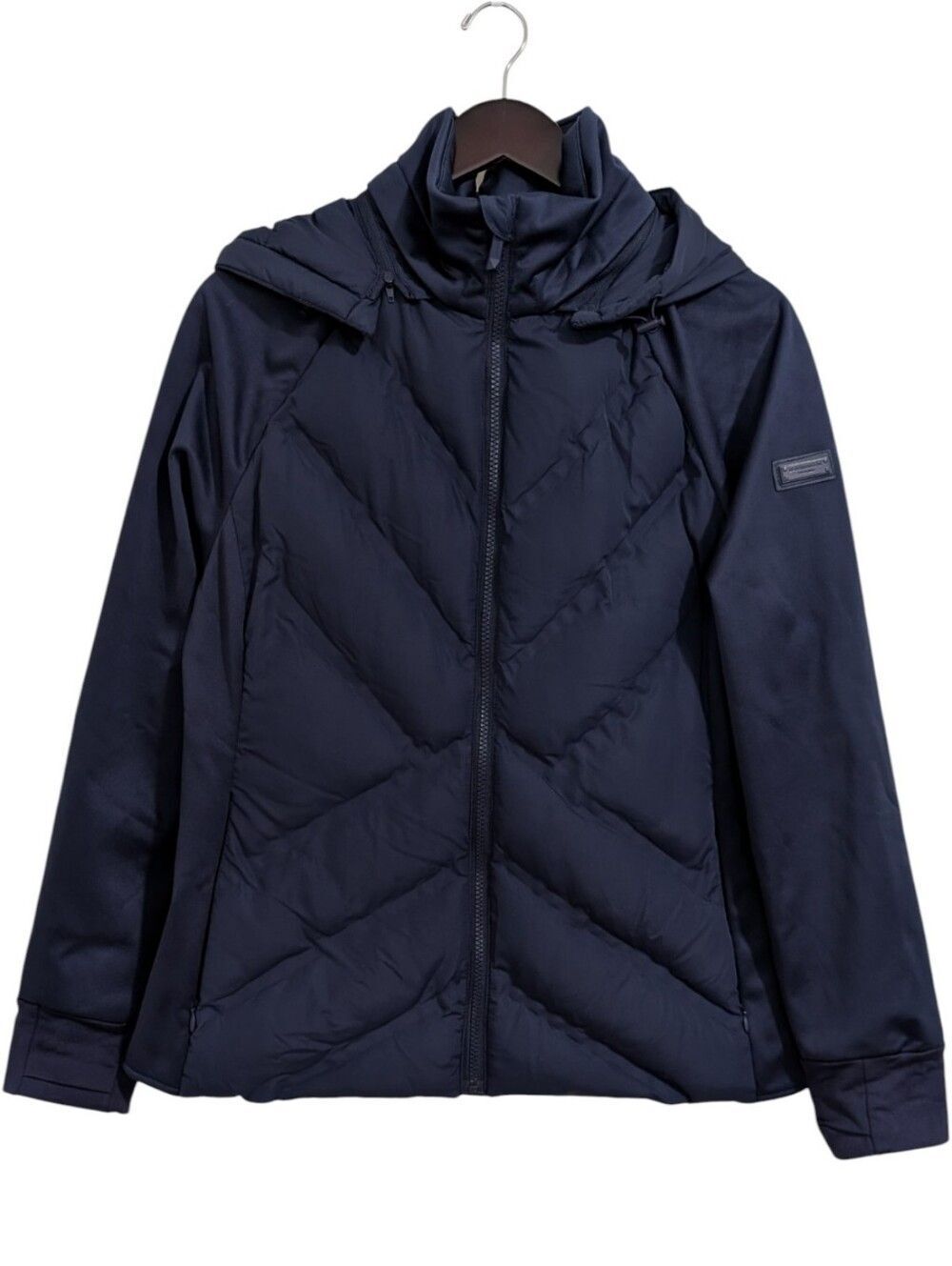 BCBGMAXAZRIA Navy Blue Eco-Friendly Puffer Jacket Coat Removable Hood Size L NWT